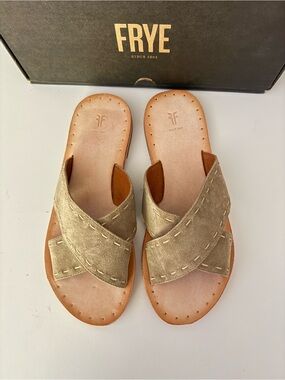 Frye Women's Metallic Taupe Crossband Leather Slide Sandals